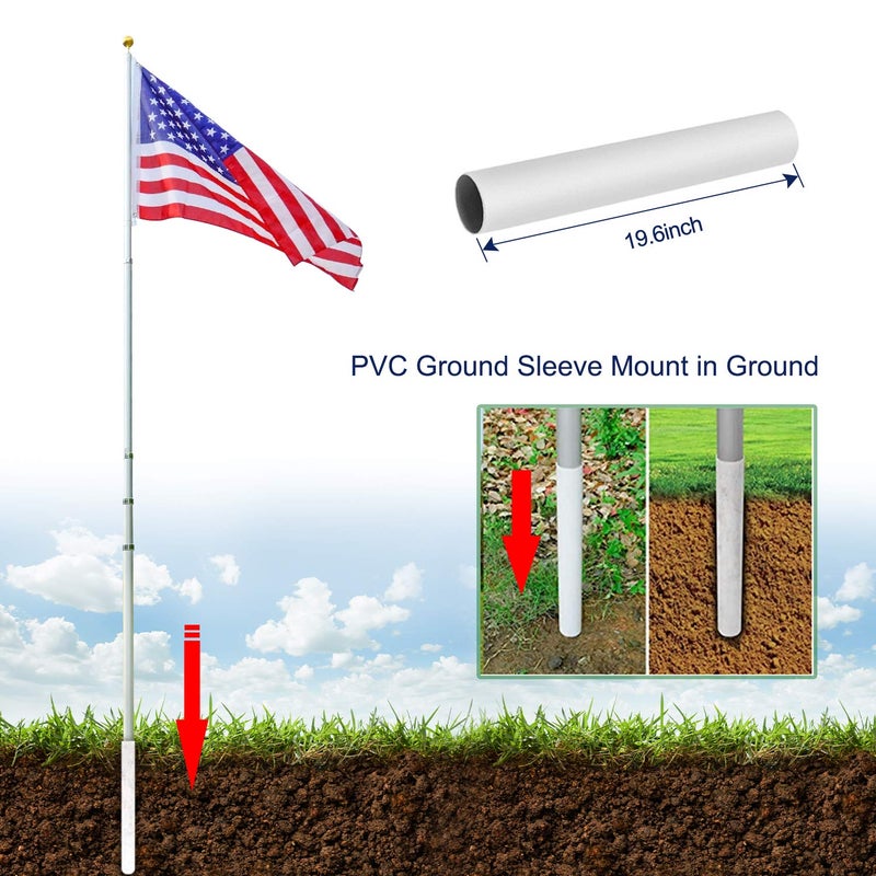 Panta طقم عمود علم قابل للتمديد بطول 25 قدم، عمود علم ثقيل إضافي بسماكة 14 قياس، يرفع علمين، أعمدة علم خارجية من الألمنيوم مدفونة في الأرض مع علم أمريكي 3x5 للاستخدام السكني أو في الحديقة أو التجاري - Image 5